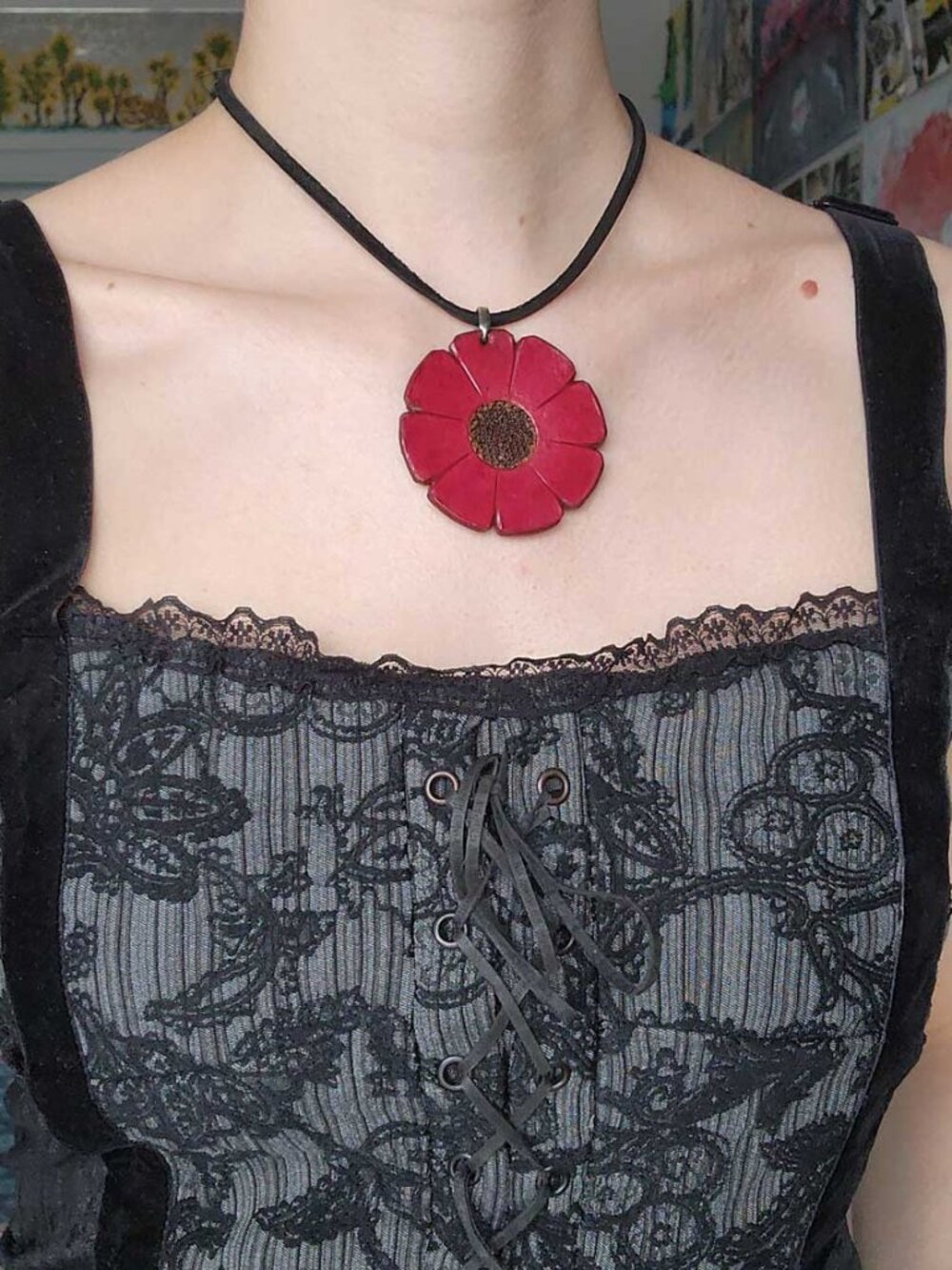 Vintage BauXo red poppy flower genuine leather big statement necklace